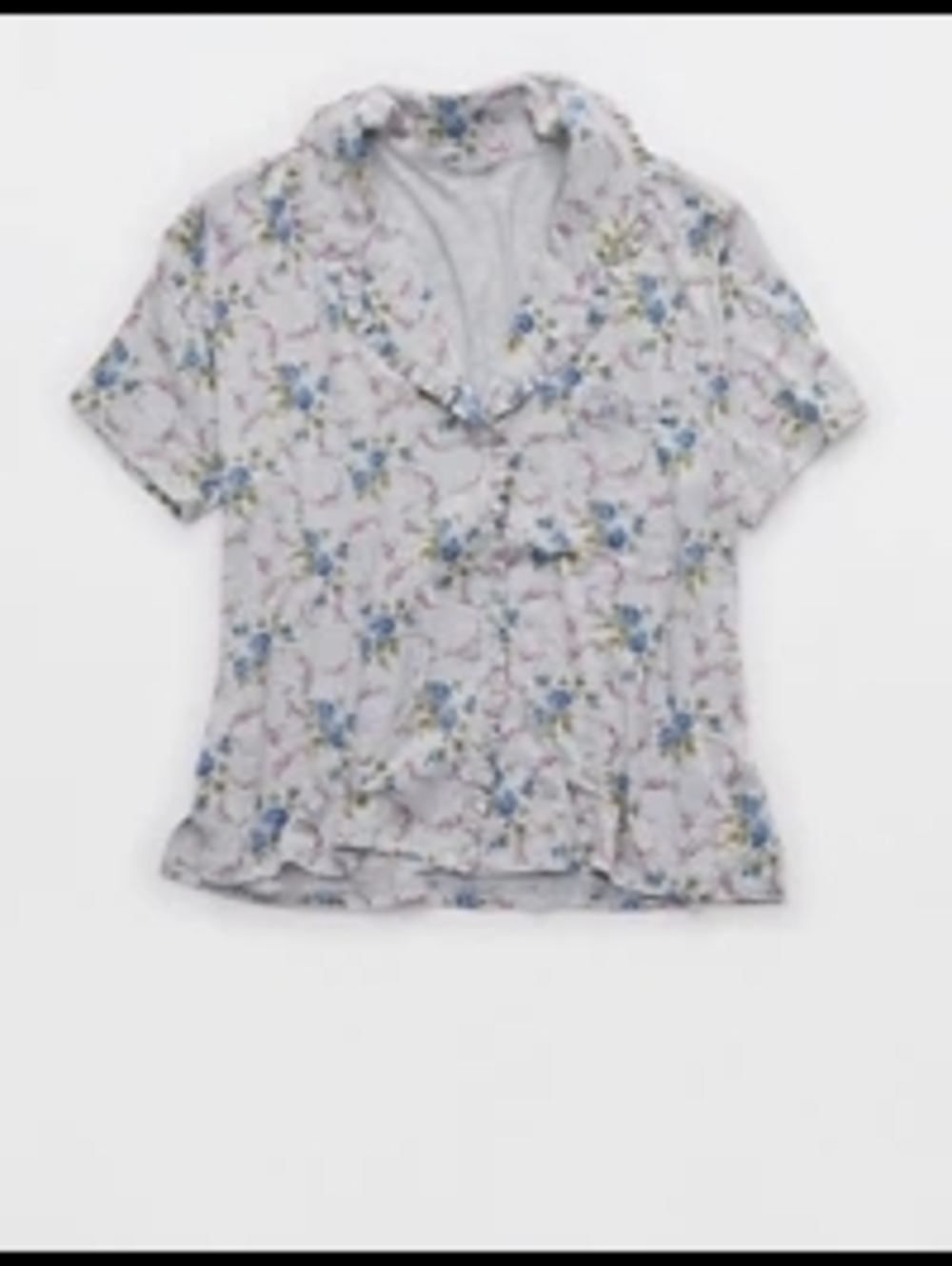 aerie Real Soft Ruffle Floral Short Sleeve Pajama Top in Light Blue and Yellow